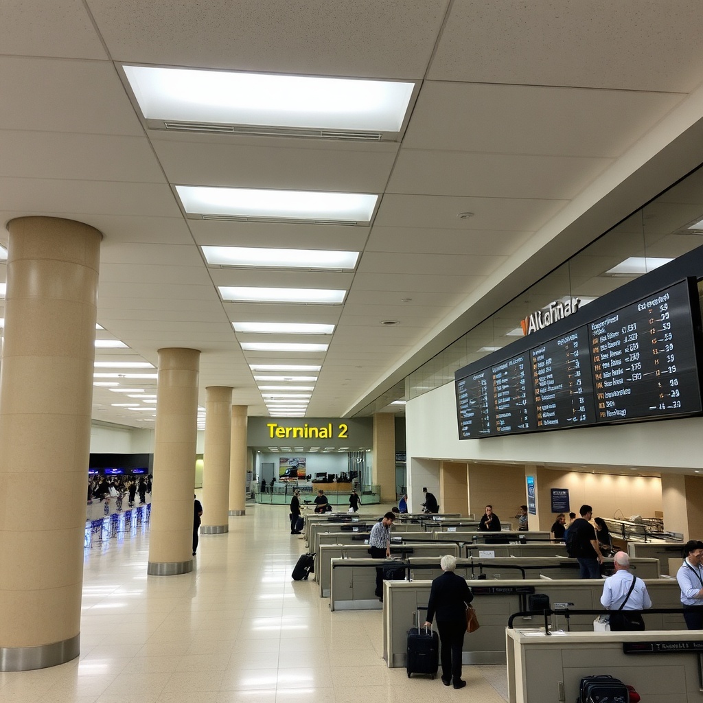 Interior check-in area of Baku Airport Terminal 2, showcasing its more functional design and regional flight services, contrasting with Terminal 1 in the Baku Airport Terminal 1 vs Terminal 2 guide.