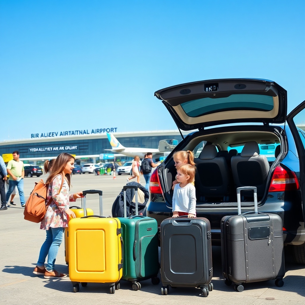 Family with kids and luggage at an official airport taxi rank at Baku airport, illustrating the need to compare transfer options for families at Baku airport and confirm child seat availability.