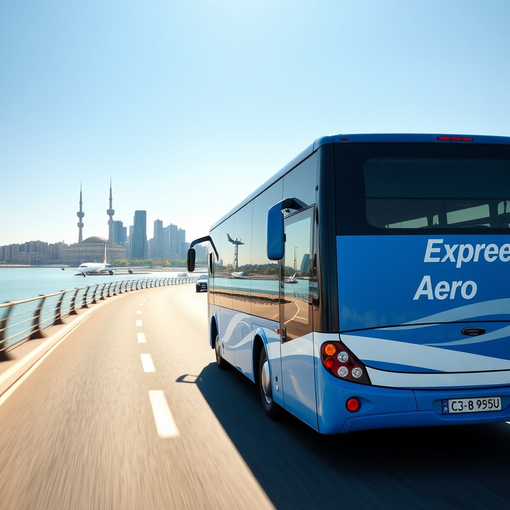 Aero Express bus traveling from Baku airport to city center, a budget-friendly transfer option with views of the Flame Towers and the Caspian Sea.