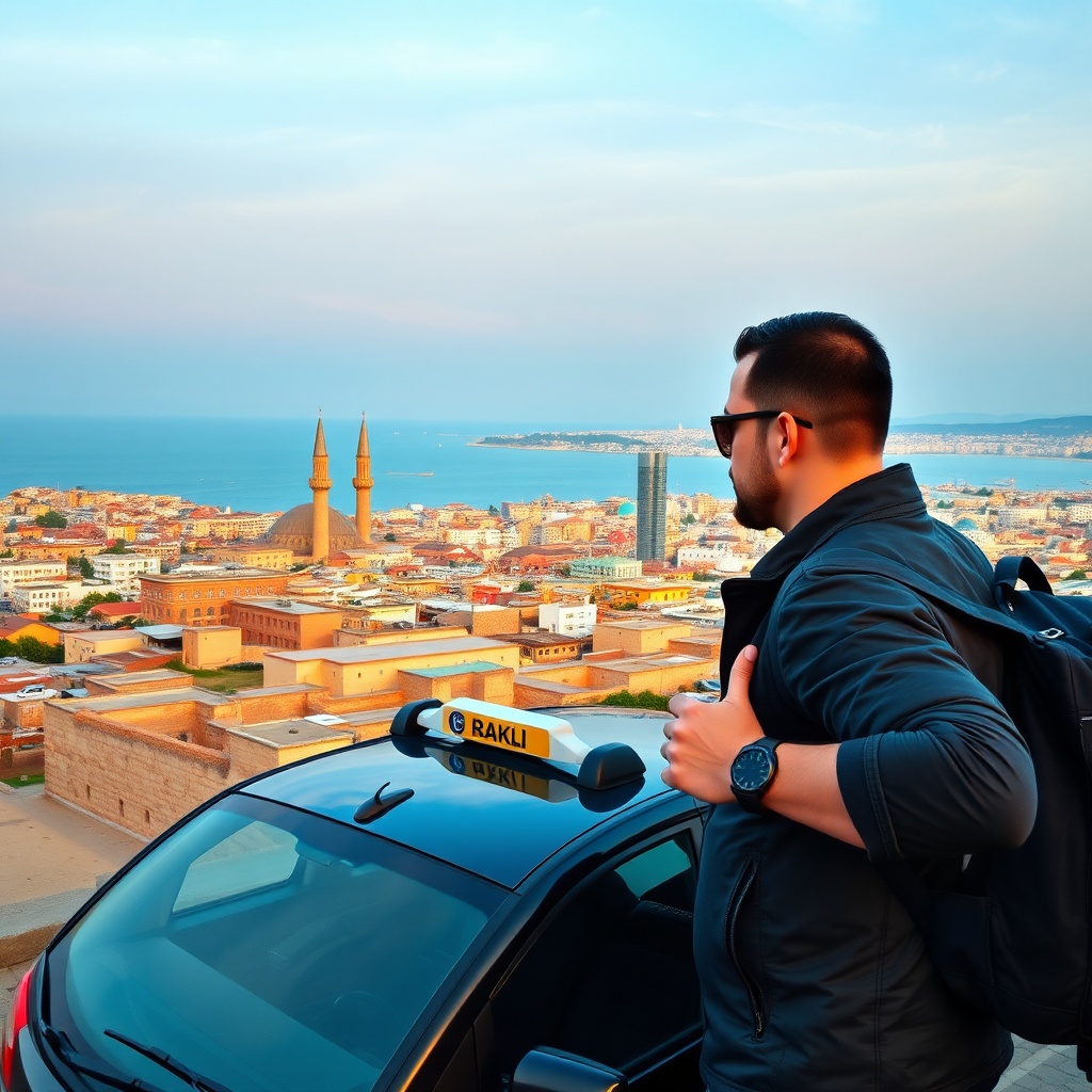 Traveler on a short Baku Airport layover city tour admiring Flame Towers and Old City at sunset, with airport transport in view.