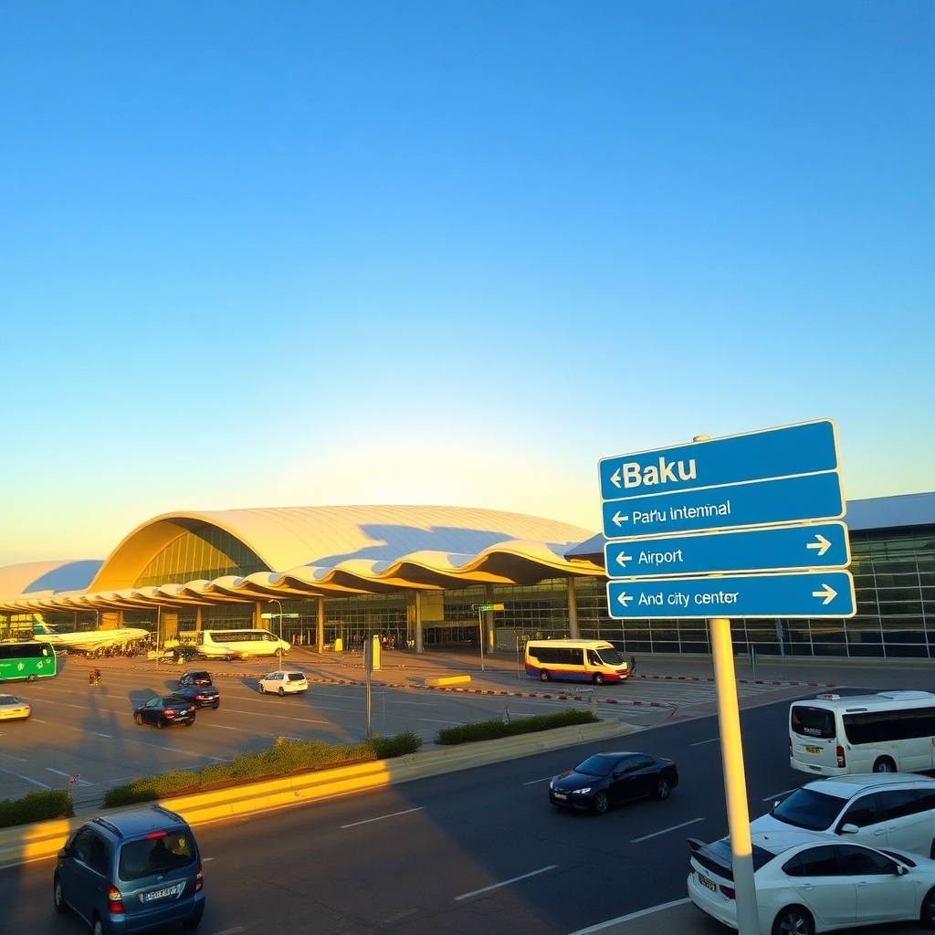 Baku Airport navigation: exterior view with taxi and bus options for traveling to the city center.