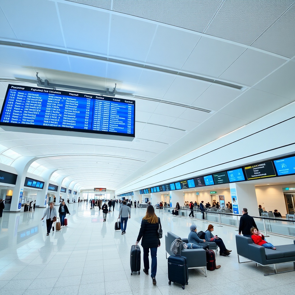 Inside Baku airport flights terminal, passengers checking in at Heydar Aliyev International Airport with flight information display and modern seating, highlighting the travel experience.