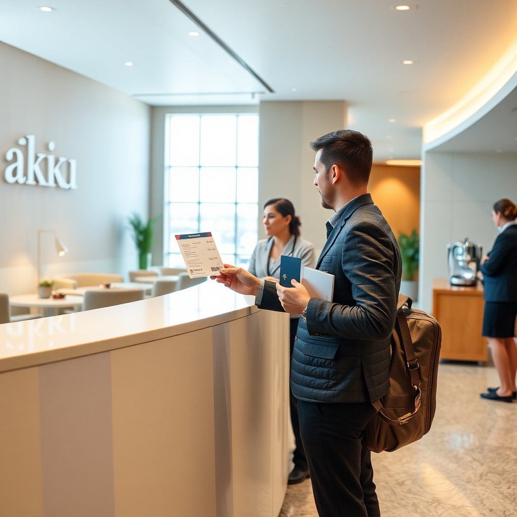 A passenger checks in at the entrance of a Baku airport lounge, showing boarding pass and access credentials to gain entry to the premium waiting area