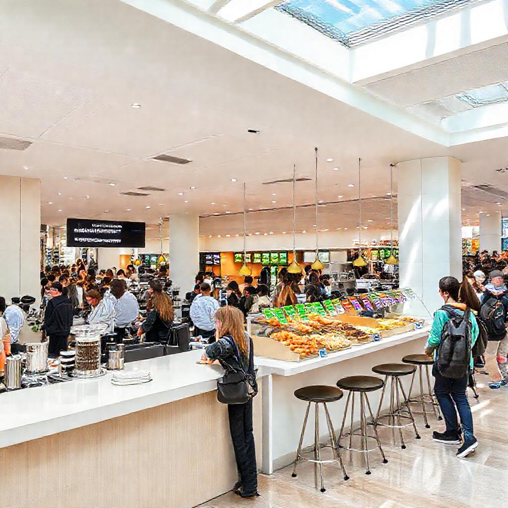 A modern food court and coffee shop at Baku airport, offering fresh pastries and coffee, making it one of the best restaurants at Baku airport for quick and convenient dining.