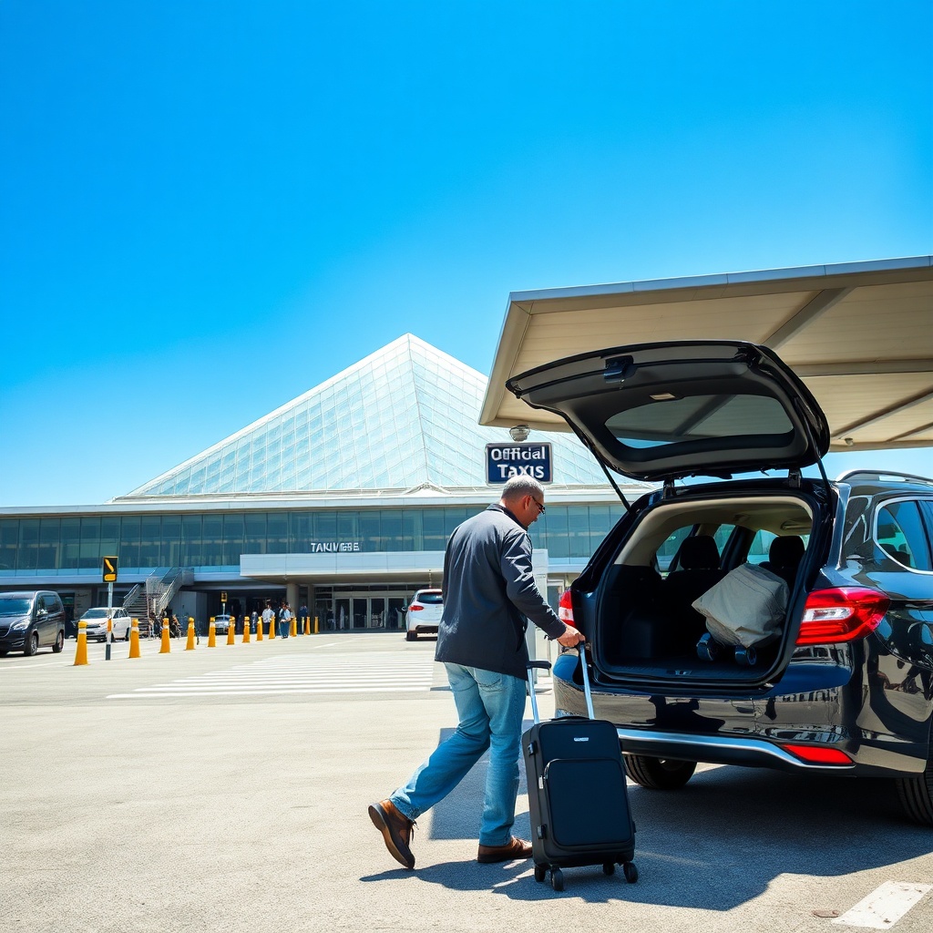 Traveler with luggage heading to an official taxi outside Baku airport arrivals, with the modern terminal in the background, highlighting the clear transport options available after landing.