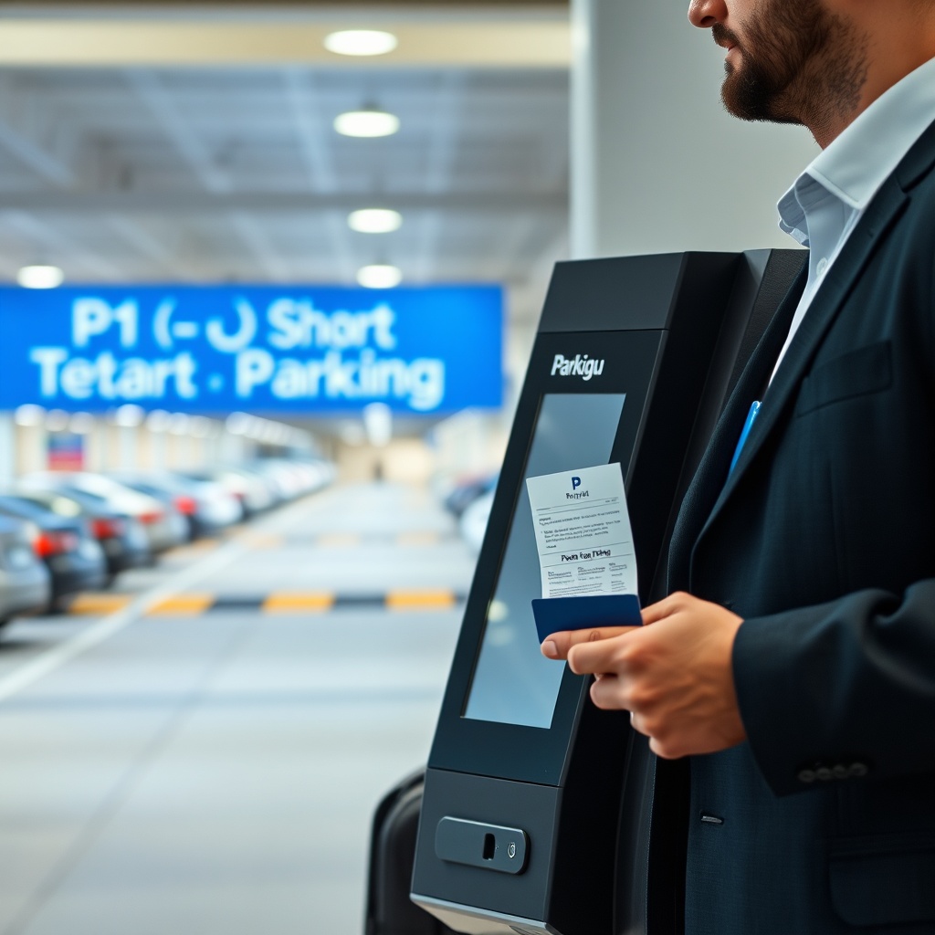 Traveler using a parking payment machine at Baku Airport Parking, with a short-term parking sign visible in the background