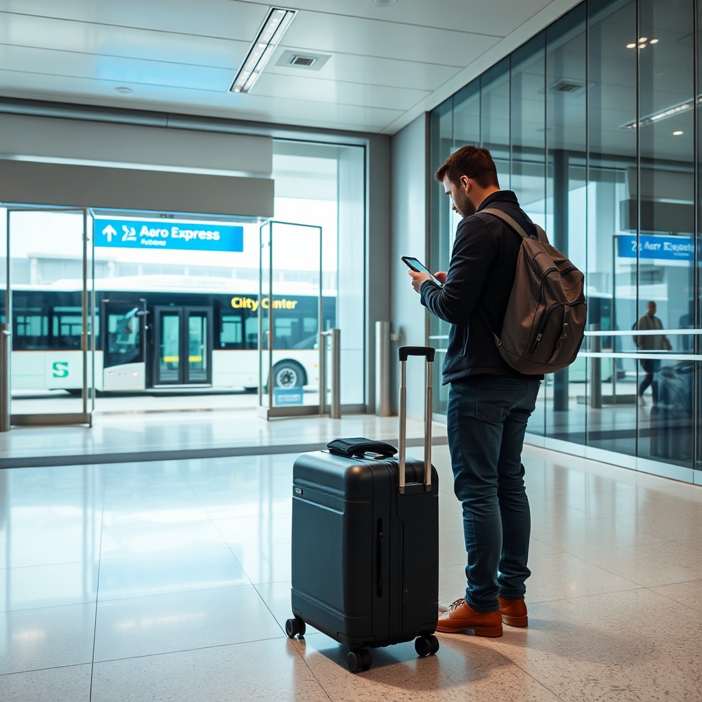 Traveler with luggage at Baku Airport arrivals hall, using a ride-hailing app as recommended in Baku Airport travel tips.