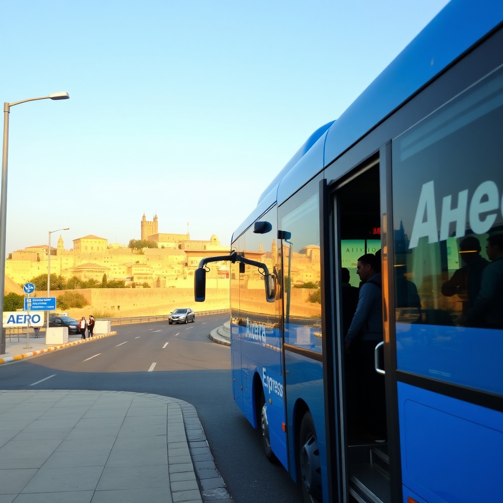 Budget-friendly bus transfer from Baku airport to Old City, featuring the Aero Express bus with the historic Icherisheher walls visible in the background.